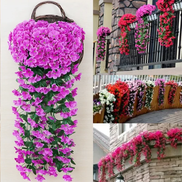 Kunstige fiolette hengende blomster – 80/90 cm silkeplante til veggdekorasjon