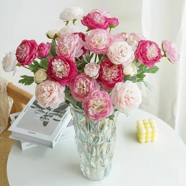 Elegant Kunstig Pionbukett med 3 Hoder – Rosa Silkepeoner