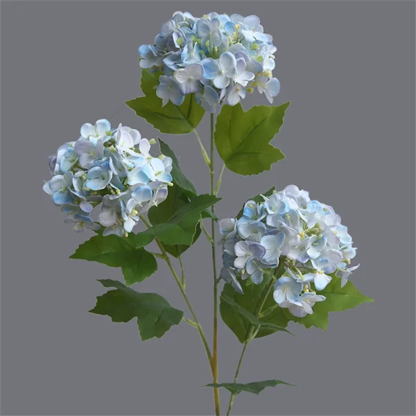 Kunstige Hortensia-grener med 3 Hoder og Grønne Blader