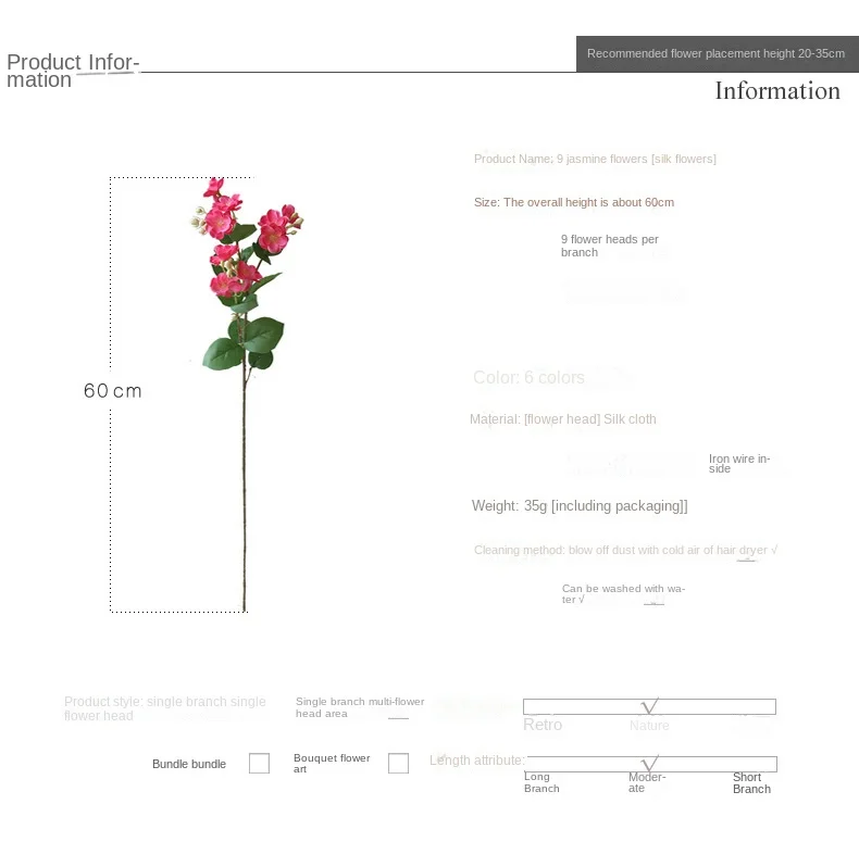 00 cm kunstig sjasmin 9 blomsterhoder dekorasjon