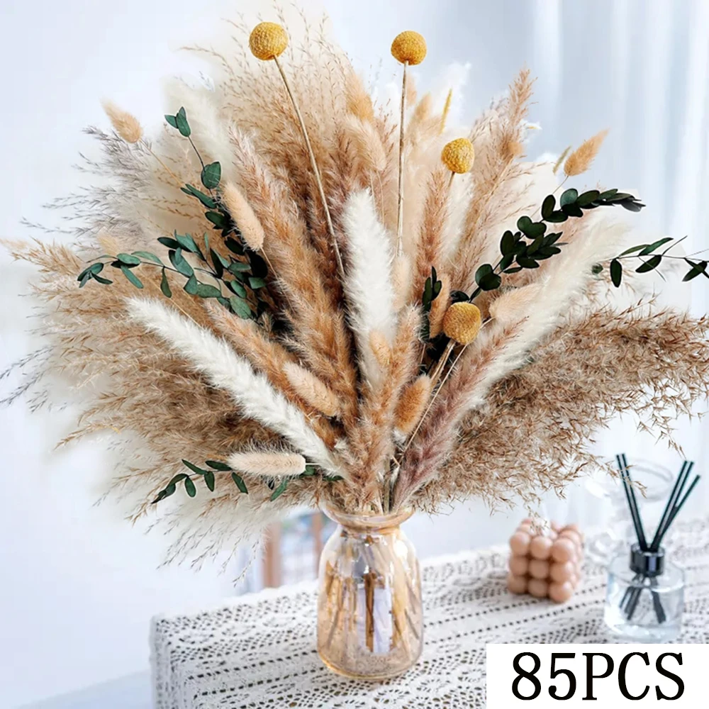84 stk Fluffy Pampas – Naturlige Tørkede Blomster & Eucalyptus Bukett