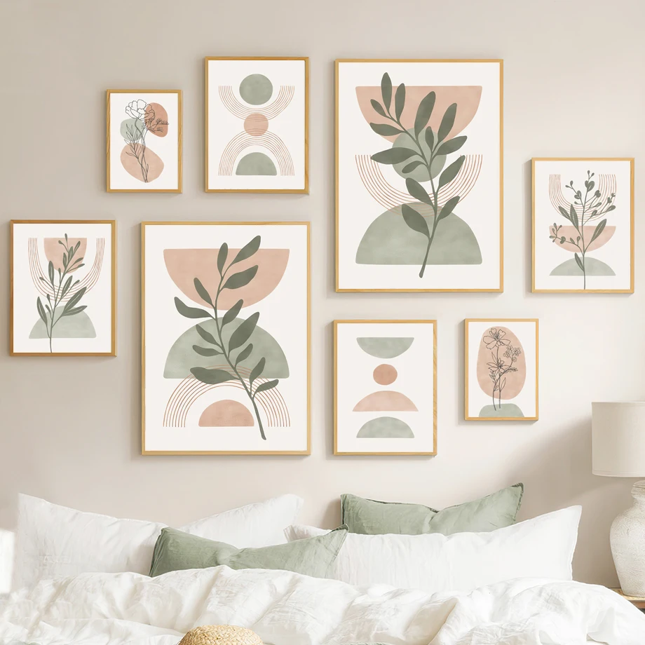 Boho Veggkunst – Grønt Blad, Sol og Regnbue i Geometrisk Stil