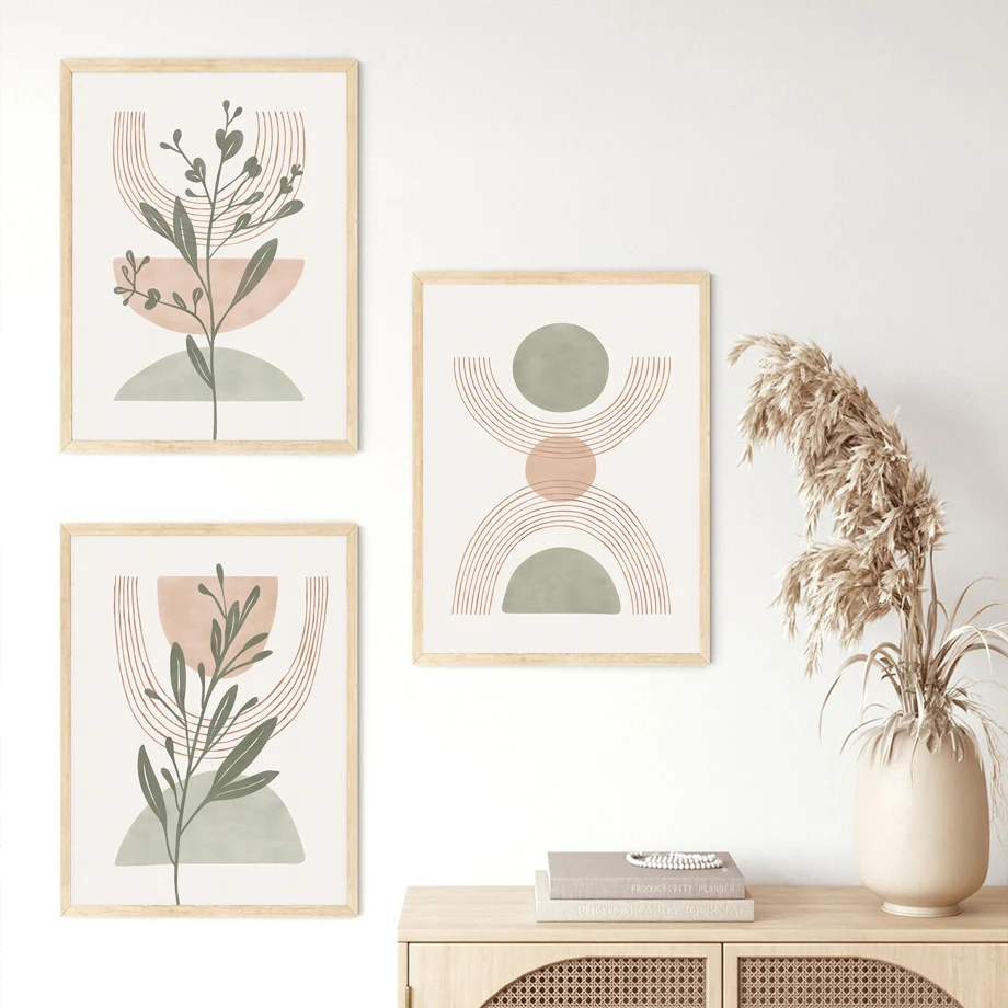 Boho Veggkunst – Grønt Blad, Sol og Regnbue i Geometrisk Stil