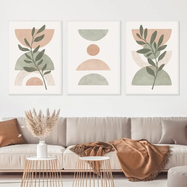 Boho Veggkunst – Grønt Blad, Sol og Regnbue i Geometrisk Stil