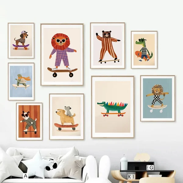 Funny Animals Rabbit Dog Bear Cat Lion Skateboard Posters Prints