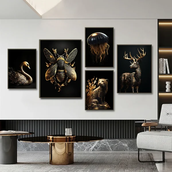 Black Gold Eagle Lion Canvas Painting Metal Poster Wall Art Nordic Deer Tiger Wolf Swan Aesthetic Picture for Living Room Decor