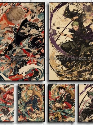 Anime One Piece Luffy Zoro Retro Poster Cafe Bar Fashion Home Wall Art Decorative Wall Painting Printed Canvas Painting