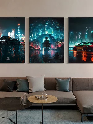 Painting and Print ArtNinja Neon Nighttime Nissan GTR R35 Neon City Canvas Poster