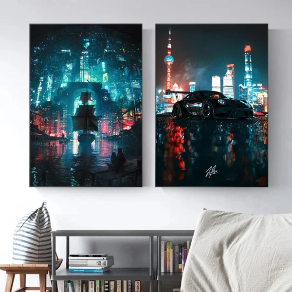 Painting and Print ArtNinja Neon Nighttime Nissan GTR R35 Neon City Canvas Poster