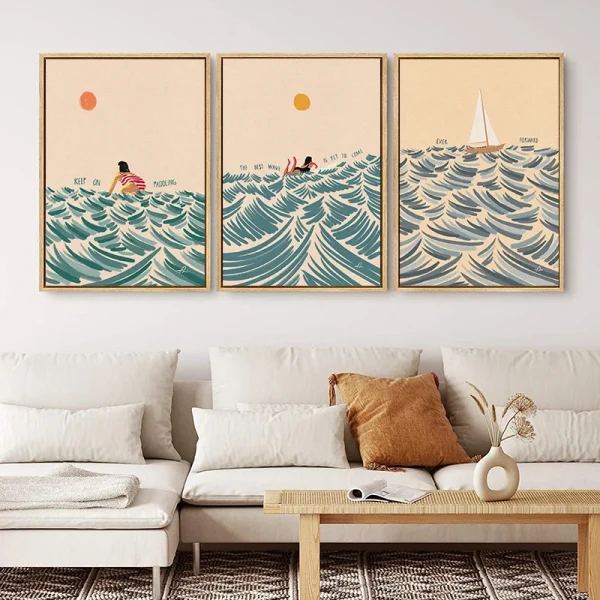 Nordic Minimalistic Art Surfing Paddling Swimming Sea Wave Print Poster