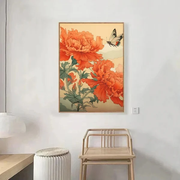 Peony Flowers Blossom Butterfly Bird Poster