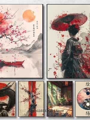 Japanese Landscape Samurai Geisha Bonsai Torii Gate Sakura Art Poster