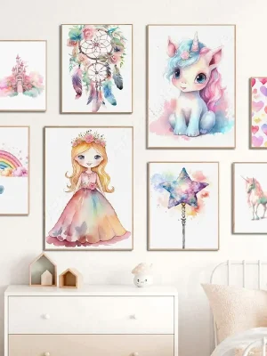 Dreamcatcher Princess Unicorn Girl Fairy Castle Colorful Wall Art Canvas Painting Posters