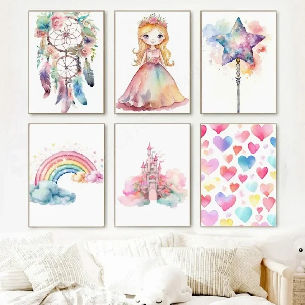 Dreamcatcher Princess Unicorn Girl Fairy Castle Colorful Wall Art Canvas Painting Posters