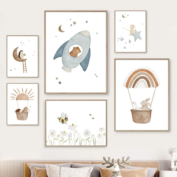 Boho Space Rocket Bear Rabbit Hedgehog Bee Flowers Nursery Posters Wall Art