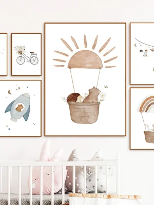Boho Space Rocket Bear Rabbit Hedgehog Bee Flowers Nursery Posters Wall Art