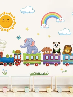 1Pc Cute Sun Rainbow Cartoon Animal Riding Train Wall Stickers for Kids Room