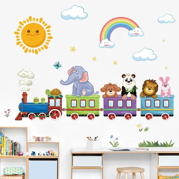 1Pc Cute Sun Rainbow Cartoon Animal Riding Train Wall Stickers for Kids Room