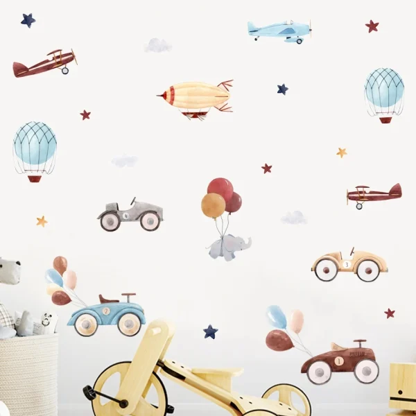 Watercolor Cartoon Car Balloon Stars Nursery Sticker
