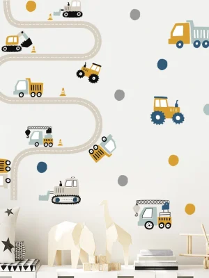 Construction Vehicle Urban build Road Car Dots Watercolor Nursery Stickers