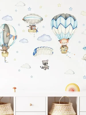 1PC Watercolor Animals Hot Air Balloon Clouds Stickers
