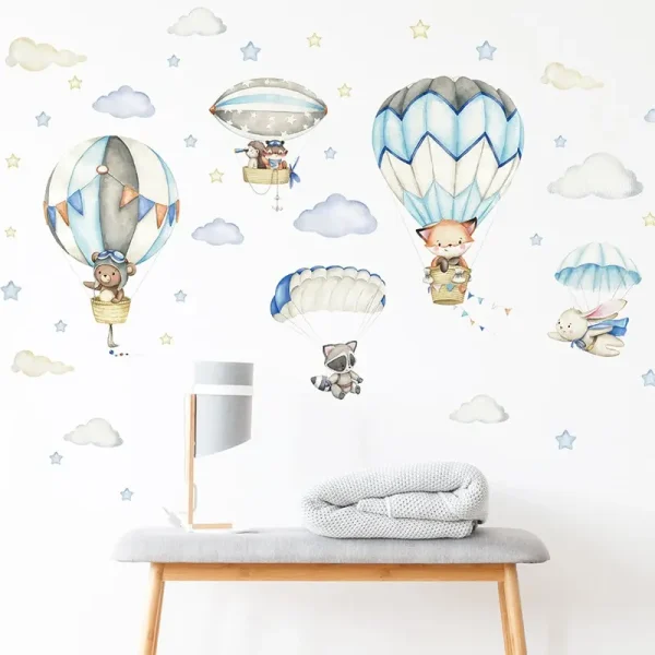 1PC Watercolor Animals Hot Air Balloon Clouds Stickers