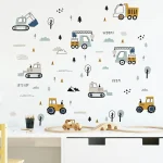 1PC Cartoon Excavator Crane Dump Truck Tree Wall Stickers