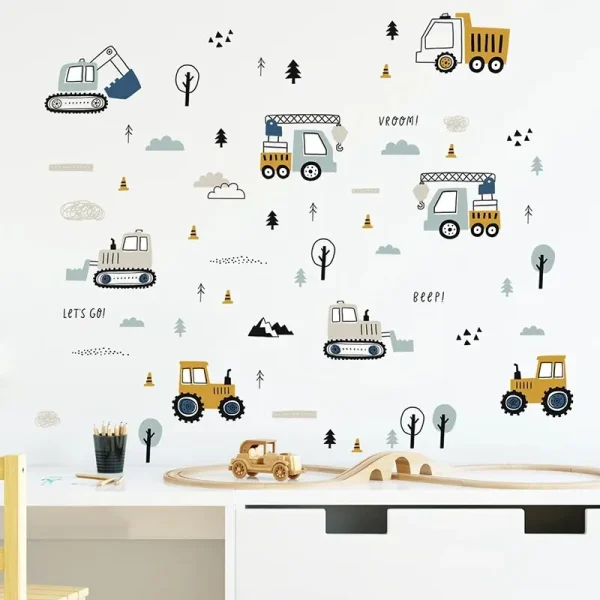 1PC Cartoon Excavator Crane Dump Truck Tree Wall Stickers