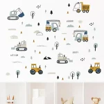 1PC Cartoon Excavator Crane Dump Truck Tree Wall Stickers