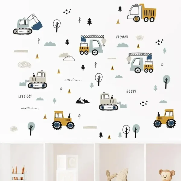 1PC Cartoon Excavator Crane Dump Truck Tree Wall Stickers