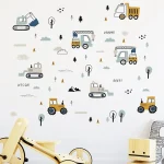1PC Cartoon Excavator Crane Dump Truck Tree Wall Stickers