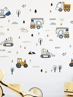 1PC Cartoon Excavator Crane Dump Truck Tree Wall Stickers