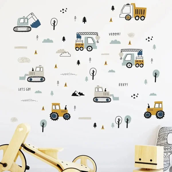 1PC Cartoon Excavator Crane Dump Truck Tree Wall Stickers
