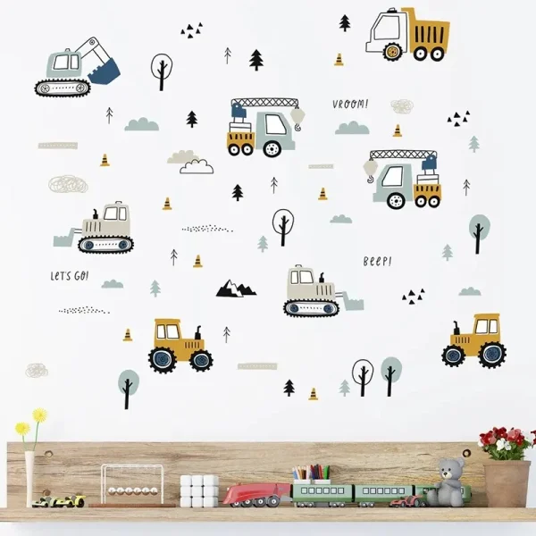 1PC Cartoon Excavator Crane Dump Truck Tree Wall Stickers