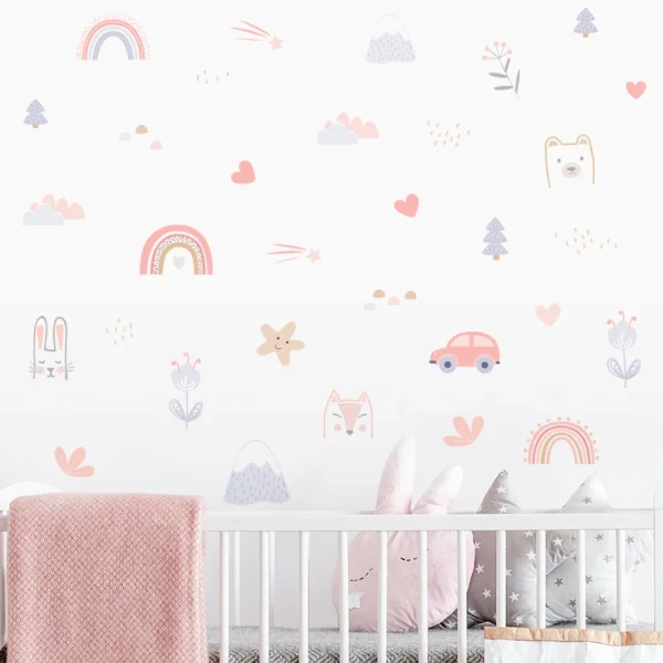 Cartoon Rainbow Animals Faces Star Watercolor Removable Wall Sticker