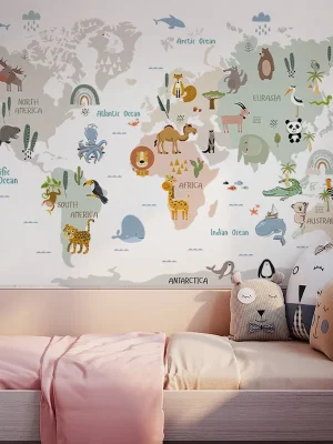 kids room cartoon animal world map wall sticker