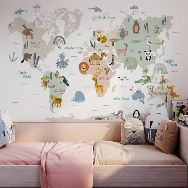 kids room cartoon animal world map wall sticker