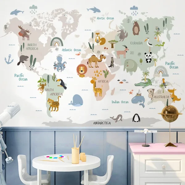 kids room cartoon animal world map wall sticker