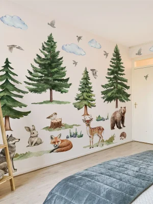 Big Safari Pine Tree Cartoon Fox Deer Wolf Wall Stickers