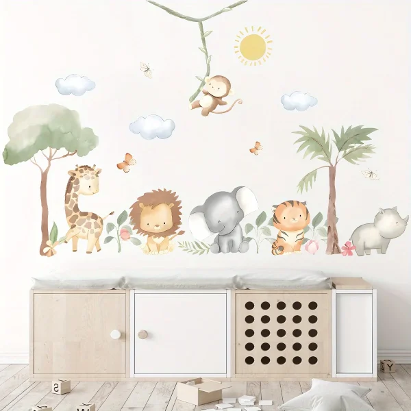 Cartoon Cute Lion Elephant Giraffe Tree Forest Animal Wall Stickers