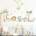 Cartoon Cute Lion Elephant Giraffe Tree Forest Animal Wall Stickers