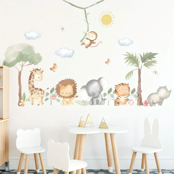 Cartoon Cute Lion Elephant Giraffe Tree Forest Animal Wall Stickers
