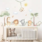 Cartoon Cute Lion Elephant Giraffe Tree Forest Animal Wall Stickers