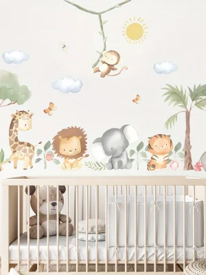 Cartoon Cute Lion Elephant Giraffe Tree Forest Animal Wall Stickers