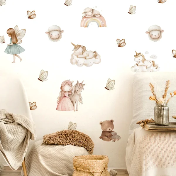 Watercolor Unicorn Fairy Bear Rainbow Wall Stickers
