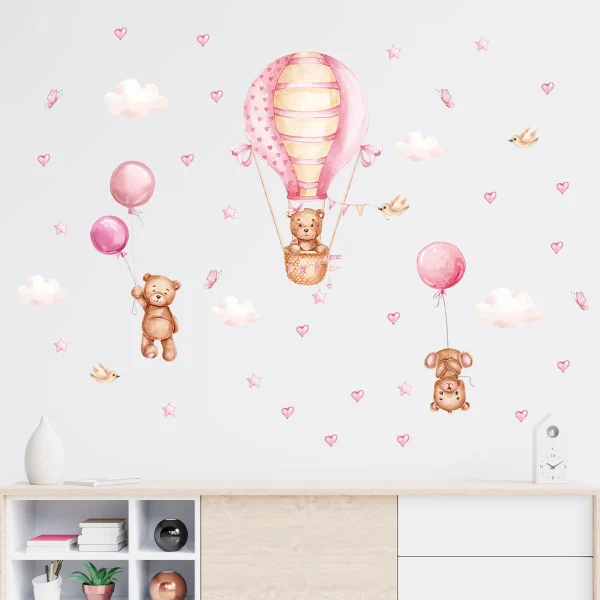 Cartoon Cute Brown Bear Balloon Heart Animal Wall Stickers