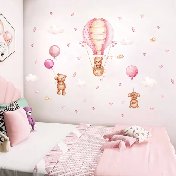 Cartoon Cute Brown Bear Balloon Heart Animal Wall Stickers