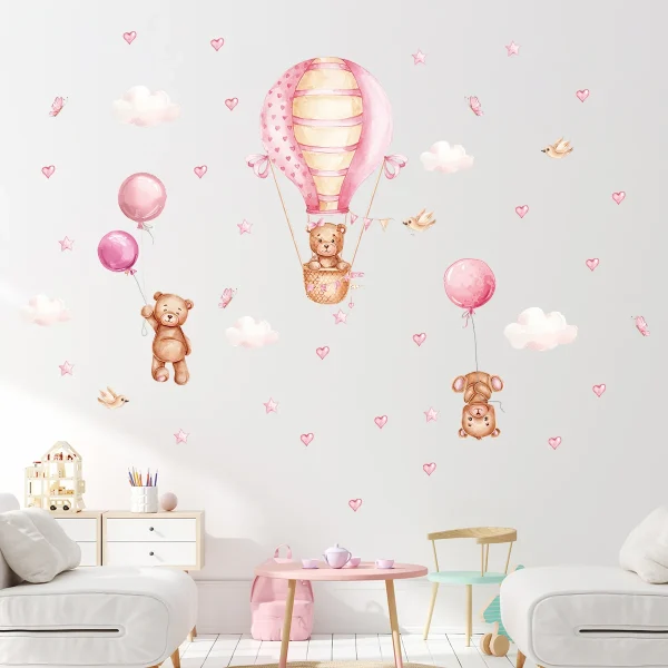 Cartoon Cute Brown Bear Balloon Heart Animal Wall Stickers