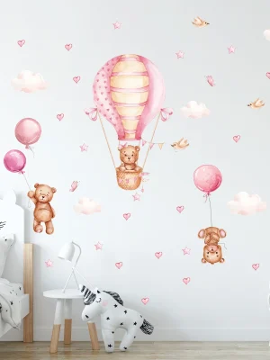Cartoon Cute Brown Bear Balloon Heart Animal Wall Stickers