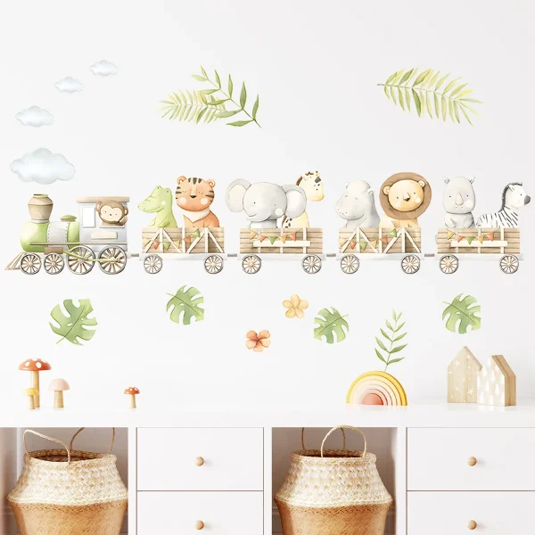 Cartoon Cute Train Lion Elephant Tiger Wild Animals Wall Stickers